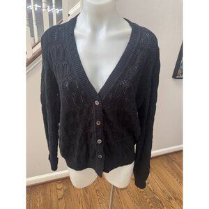 MINNIE ROSE Cotton Cashmere Pointelle Knit Cardigan Sweater Black Large